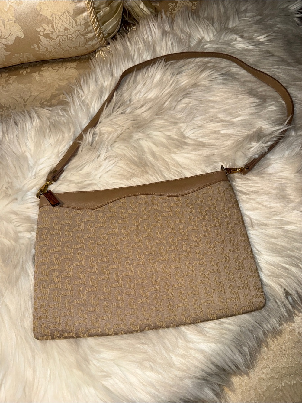 Pierre CardinTan Vintage Signature Jacquard Shoulder Bag
